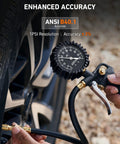 Close-up of a Tire Pressure Gauge With Inflator 0-100 PSI ANSI B40.1 being used on a car tire, showing gauge dial and rubber hose.