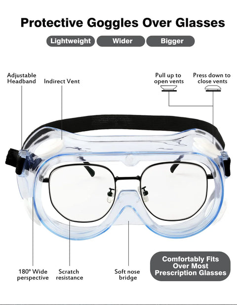 ANSI Z87.1 Anti Fog Safety Goggles For Lab And Industrial Eye Protection over glasses, adjustable strap, vented design