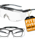 ANSI Z87.1 Plus Anti Fog Lab Safety Glasses Over Eyeglasses With Side Shields front and side view with fits over tag.