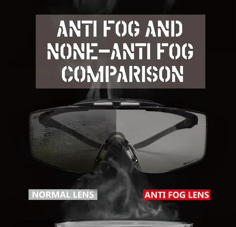 ANSI Z87.1 Plus Anti Fog Lab Safety Glasses over eyeglasses with split view showing normal and anti-fog lenses.