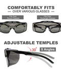 ANSI Z87.1 Plus Anti Fog Lab Safety Glasses Over Eyeglasses With Side Shields showing fit over round and rectangle glasses, adjustable temples.