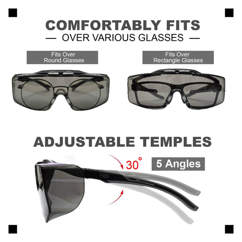 ANSI Z87.1 Plus Anti Fog Lab Safety Glasses Over Eyeglasses With Side Shields showing fit over round and rectangle glasses, adjustable temples.