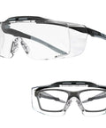 ANSI Z87.1 Plus Anti Fog Lab Safety Glasses Over Eyeglasses With Side Shields, clear lenses, front and side view
