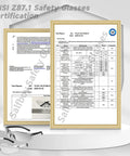 Certification for Clear ANSI Z87.1 Safety Eyewear For Men And Women Scratch Resistant Lenses with test report and glasses image.