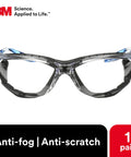 Front view of ANSI Z87 Anti Fog Glasses With Clear Lens Blue Frame Foam Gasket Corded Ear Plug on white background