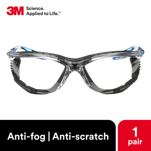 Front view of ANSI Z87 Anti Fog Glasses With Clear Lens Blue Frame Foam Gasket Corded Ear Plug on white background
