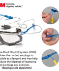 ANSI Z87 Anti Fog Glasses With Clear Lens Blue Frame Foam Gasket Corded Ear Plug with detailed corded earplug features