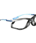 ANSI Z87 Anti Fog Glasses With Clear Lens Blue Frame Foam Gasket Corded Ear Plug side view