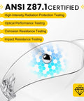 Close-up of clear safety glasses lens with ANSI Z87.1 certification, highlighting protection features and tests.