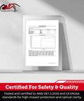 Certificate proving Z87.1 Safety Glasses Anti Fog Blue Light Blocking With Removable Side Shields meet ANSI Z87.1:2020 standards