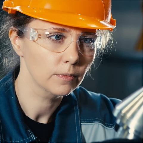 Woman wearing clear safety glasses and hard hat for protection, Clear Safety Glasses 24 Pack ANSI Z87.1 Impact Resistant Eye Protection UV400