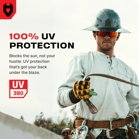 Construction worker wearing ANSI Z87 Safety Glasses With High Contrast Lenses For Men And Women Anti Scratch, demonstrating UV protection.