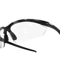 ANSI Z87 Plus Impact Resistant Polycarbonate Safety Glasses Black Frame Pack 12 side view with scratch-resistant lenses.
