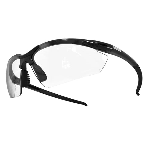 ANSI Z87 Plus Impact Resistant Polycarbonate Safety Glasses Black Frame Pack 12 side view with scratch-resistant lenses.