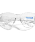 Front view of ANSI Z87 Safety Glasses With Impact-Resistant Lenses And UV Protection 12-Pack, clear wraparound design.