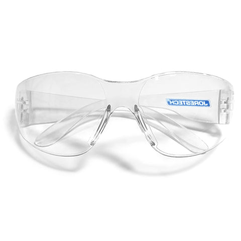 Front view of ANSI Z87 Safety Glasses With Impact-Resistant Lenses And UV Protection 12-Pack, clear wraparound design.