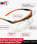ANSI Z87.1 Safety Glasses with anti fog coating, side shields, adjustable temples, and anti scratch lenses for over eyeglasses