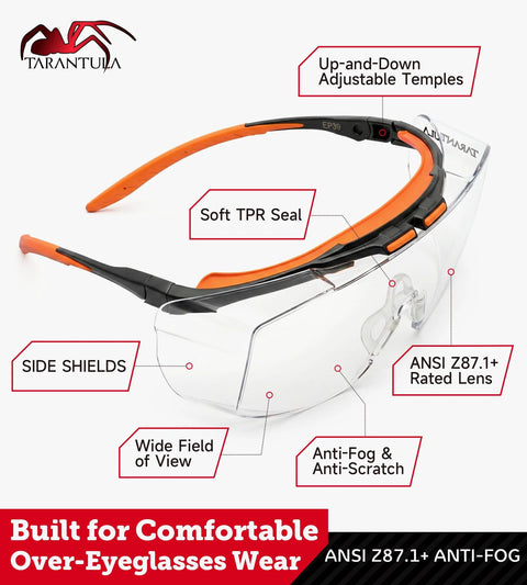 ANSI Z87.1 Safety Glasses with anti fog coating, side shields, adjustable temples, and anti scratch lenses for over eyeglasses