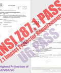 ANSI Z87.1 Plus safety glasses test report showing pass results and UV protection details