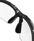 Close-up of ANSI Z87 Plus Impact Resistant Polycarbonate Safety Glasses Black Frame nose bridge detail.