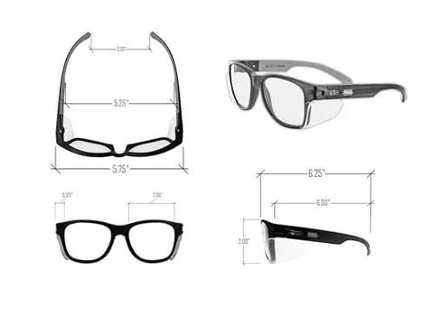 ANSI Z87.1 Safety Glasses With Anti Fog UV Protection Clear Lens Side Shields, multiple views with dimensions illustrated