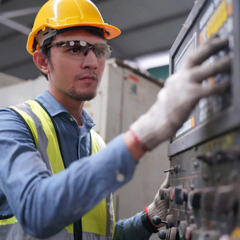 Worker in hard hat wearing ANSI Z87 Plus Impact Resistant Polycarbonate Safety Glasses Black Frame Pack 12 operating machinery.