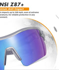 Close-up of blue ANSI Z87+ safety glasses lens featuring impact-resistant design for 6 Pack ANSI Z87.1 UV Safety Glasses For Men And Women.