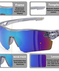 12 Pack ANSI Z87.1 Safety Glasses with UV Protection Blue Mirror Gray Frame featuring polycarbonate lenses and nose pads.