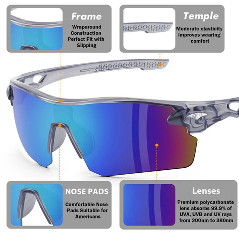 12 Pack ANSI Z87.1 Safety Glasses with UV Protection Blue Mirror Gray Frame featuring polycarbonate lenses and nose pads.