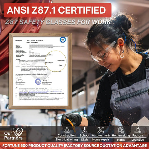 Worker wearing Clear Safety Glasses 12 Pack ANSI Z87.1 Certified Scratch And Impact Resistant in industrial setting