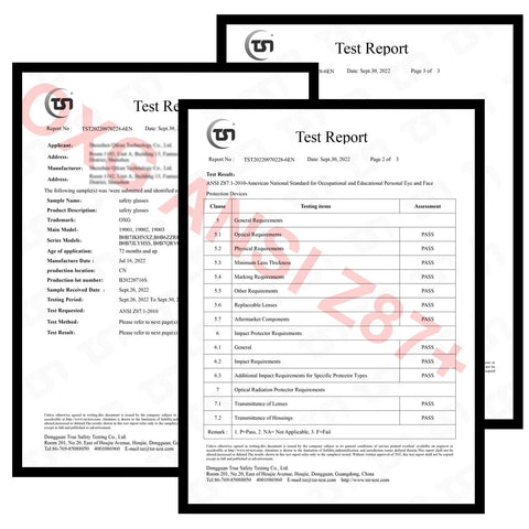 ANSI Z87+ certification test reports for Three Pack Anti Fog Safety Glasses with high impact blue light lenses.