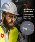 Worker wearing ANSI Z87.1 Safety Glasses with Scratch Resistant Coating Clear UV Protection showing all-around coverage.