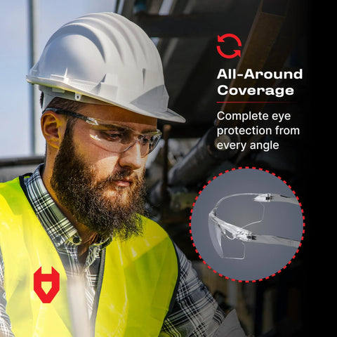 Worker wearing ANSI Z87.1 Safety Glasses with Scratch Resistant Coating Clear UV Protection showing all-around coverage.