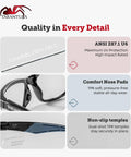 Z87.1 Safety Glasses Anti Fog Blue Light Blocking With Removable Side Shields features and benefits layout.