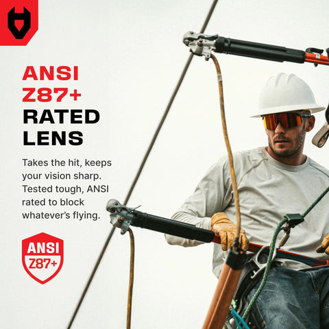Worker wearing ANSI Z87 Safety Glasses With High Contrast Lenses For Men And Women Anti Scratch on construction site.