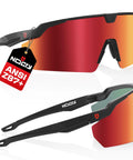 ANSI Z87 Safety Glasses With High Contrast Lenses For Men And Women Anti Scratch, red lenses, black frame, side and front view