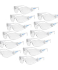 ANSI Z87 Safety Glasses With Impact-Resistant Lenses And UV Protection 12-Pack, clear wraparound frames, front view