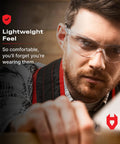 Man wearing ANSI Z87.1 Safety Glasses With Scratch Resistant Coating Clear UV Protection while working with tools