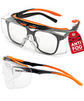 ANSI Z87.1 Safety Glasses For Over Eyeglasses With Anti Scratch Lenses, Anti Fog Coating, Side Shields, Adjustable Anti Slip Temples.