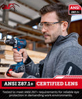 ANSI Z87.1 Safety Glasses For Over Eyeglasses With Anti Scratch Lenses worn by a man using a drill, side view, outdoor workshop setting.