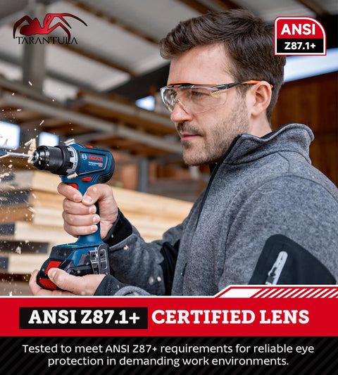 ANSI Z87.1 Safety Glasses For Over Eyeglasses With Anti Scratch Lenses worn by a man using a drill, side view, outdoor workshop setting.