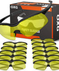 12 Pack ANSI Z87.1 Safety Glasses For Men Women Youth With Anti Scratch Lenses displayed in front of packaging box