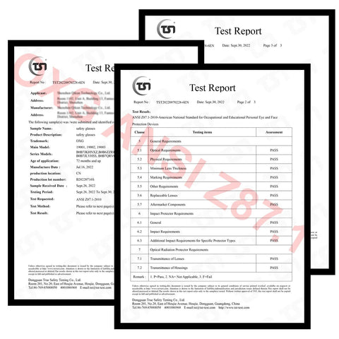 Test report showing ANSI Z87 compliance for 4 Pack Anti Fog Safety Glasses With Blue Light Blocking Lenses For Women Men.