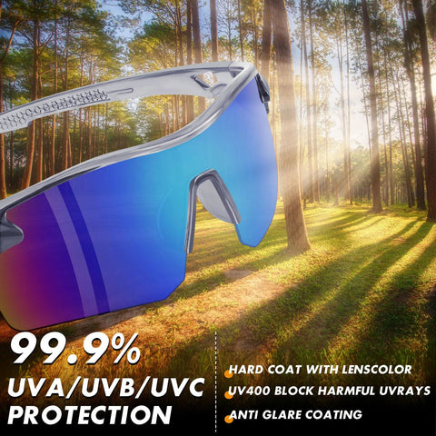 Blue mirror gray frame glasses in forest, 12 Pack ANSI Z87.1 Safety Glasses With UV Protection, 99.9% UVA/UVB/UVC protection
