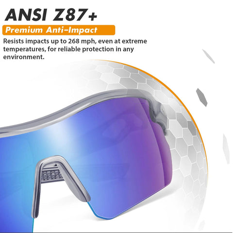 Close-up of 12 Pack ANSI Z87.1 Safety Glasses With UV Protection Blue Mirror Gray Frame highlighting anti-impact lenses.