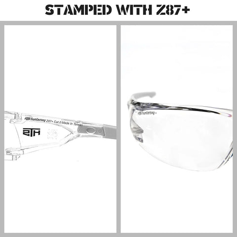 Side and close-up view of Pink Protective Safety Glasses for Women and Youth, showing ANSI Z87+ stamp for lab and cycling use.