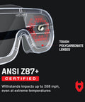 Close-up of non-vented safety lab goggles with anti-fog coating and tough polycarbonate lenses, ANSI Z87.1 UV protection OTG.