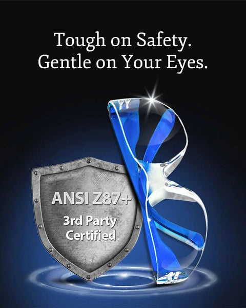 Graphic featuring a crystal clear safety glasses with ANSI Z87+ certification badge, promoting eye protection for construction and shooting.