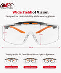 ANSI Z87.1 Safety Glasses For Over Eyeglasses With Anti Scratch Lenses, Anti Fog Coating, Side Shields, Adjustable Anti Slip Temples