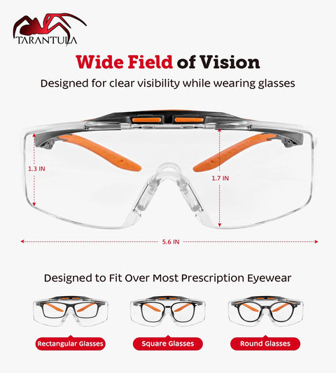 ANSI Z87.1 Safety Glasses For Over Eyeglasses With Anti Scratch Lenses, Anti Fog Coating, Side Shields, Adjustable Anti Slip Temples